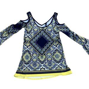 KAY CELINE Blouse Top Shirt Women's XS Cut Out Shoulder Paisley Blue​​​​​